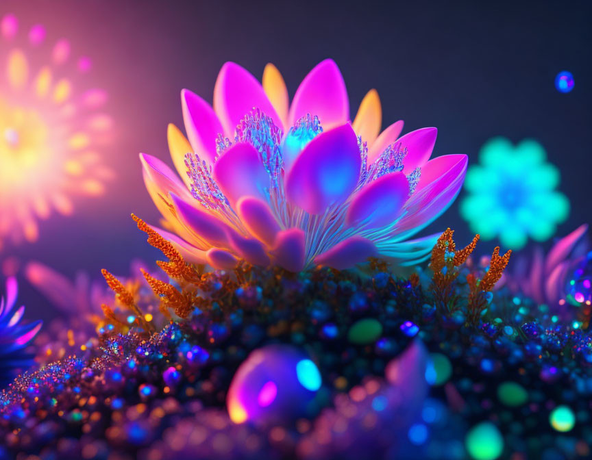 Colorful Digital Art: Neon-Pink Lotus Flower in Fantasy Foliage