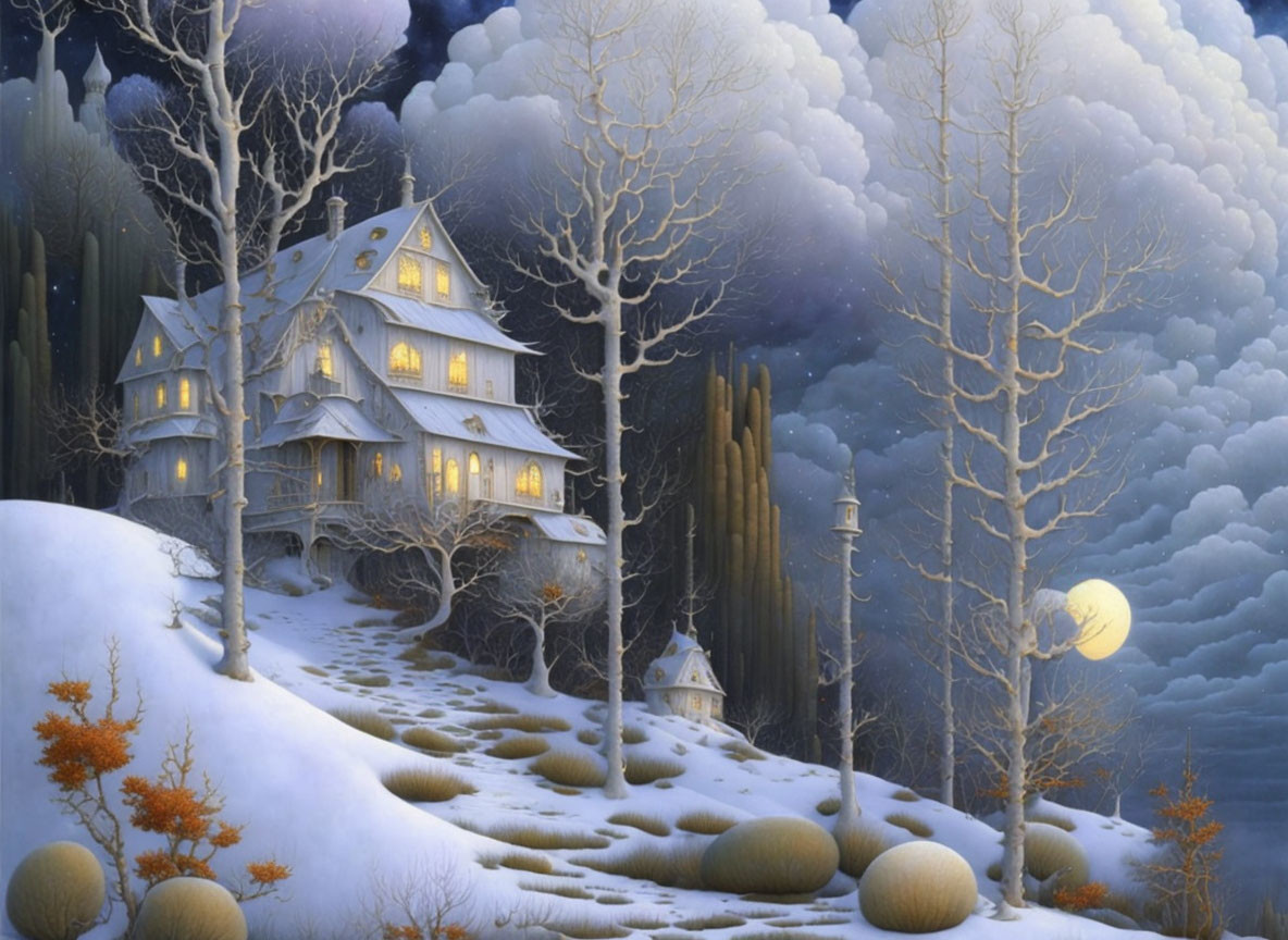 Snowy Winter Landscape with Lit House and Crescent Moon