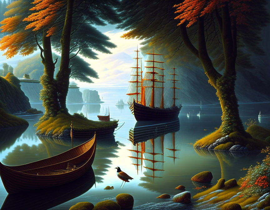 Fantasie landschap met water en bootjes.