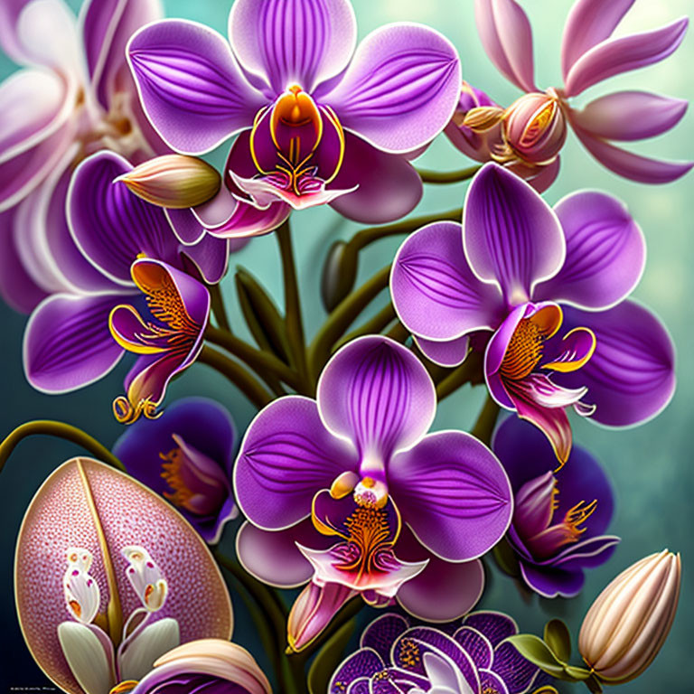 Detailed Purple Orchids Illustration with Vibrant Petals and Colorful Accents
