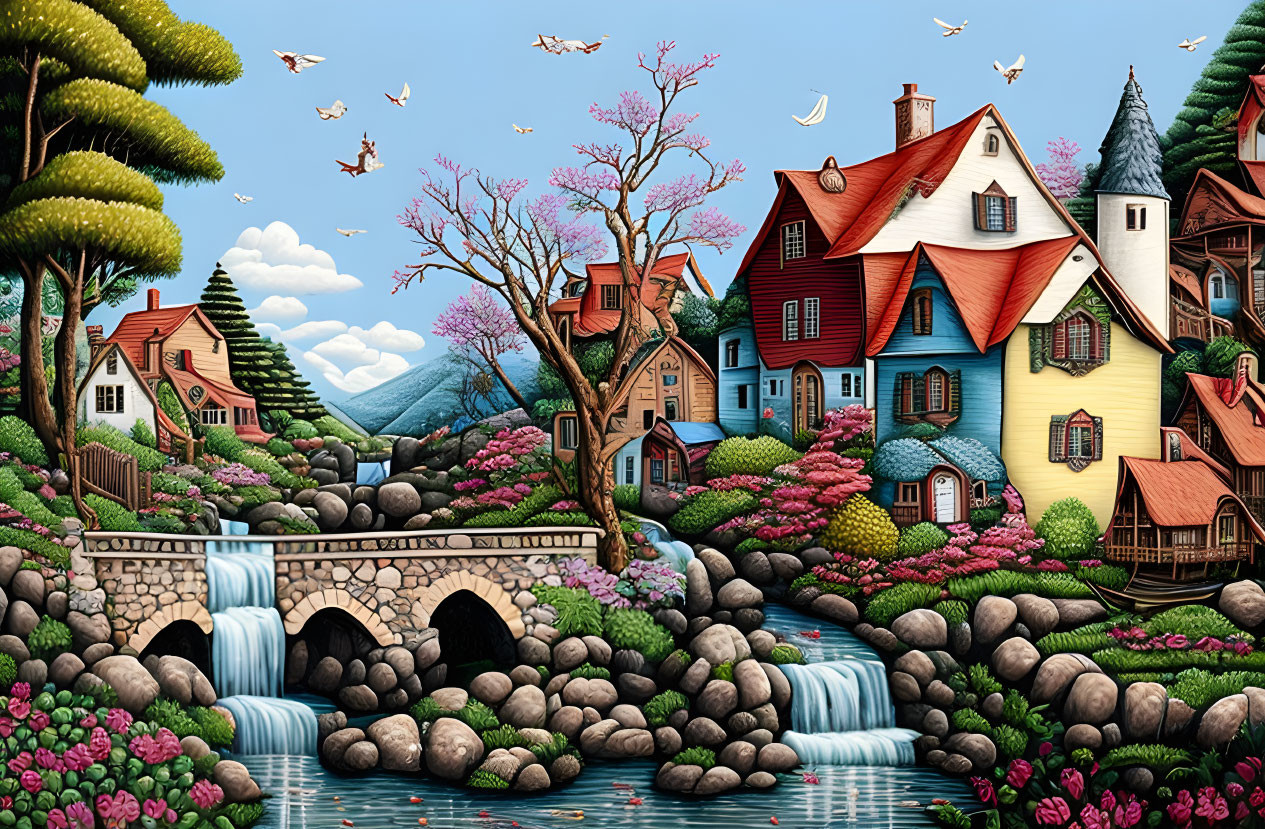 Vibrant village scene with waterfall, stone bridge, trees, flowers, and birds