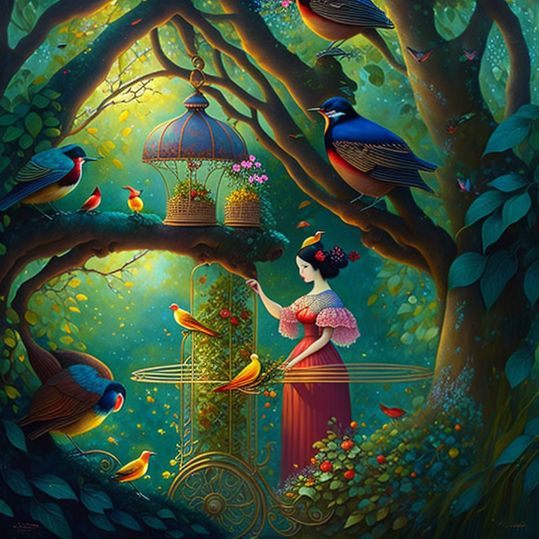 Woman in red dress with colorful birds in lush forest