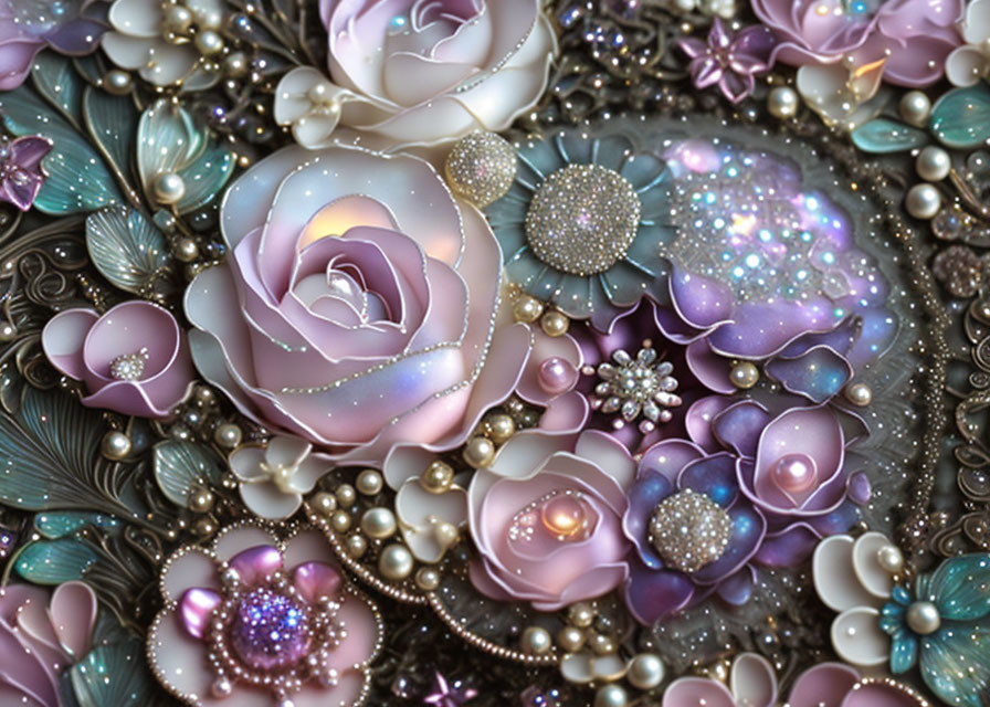 Luxurious Floral Arrangement with Jewels, Pearls, Purple, and Pink Hues