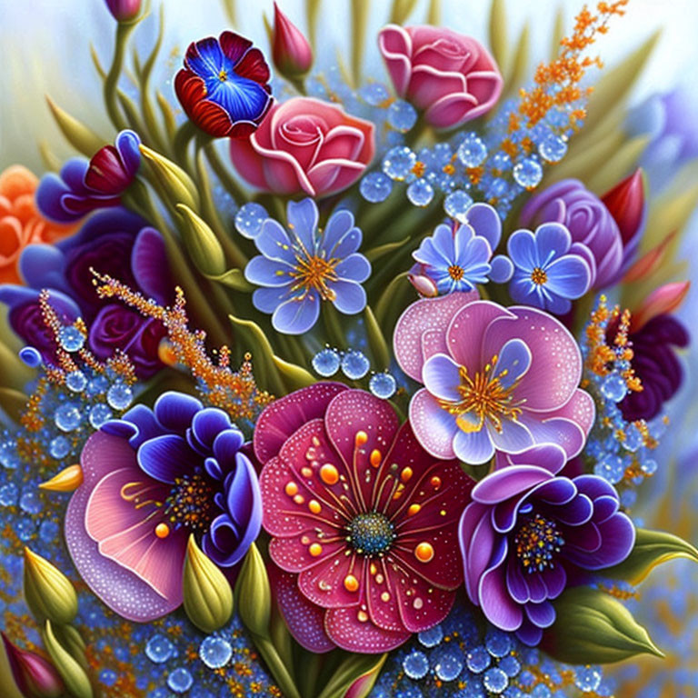 Colorful Stylized Flower Bouquet in Blue, Purple, and Pink