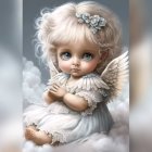 Blonde Curly-Haired Child Angel with White Wings and Crown
