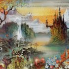 Colorful Flora, Waterfalls, Castle, Wildlife in Fantasy Landscape