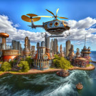 Surreal landscape with giant flying fish above colorful architecture