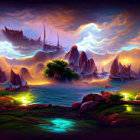 Colorful digital artwork of ships on mystical ocean at sunset.