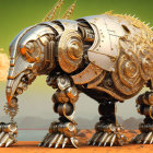 Stylized digital artwork of metallic ornamental elephant on warm gradient background