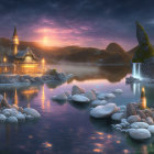 Fantastical sunset landscape with lighthouse, ships, castles, and rock formations