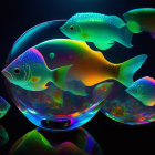 Vibrant neon fish in transparent bubble on dark background