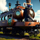 Koala on Steampunk Train in Fantasy Landscape