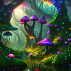 Enchanting fantasy forest with oversized glowing mushrooms and magical trees