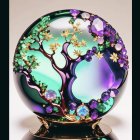 Circular tree motif artwork with gold branches and gemstones on iridescent background
