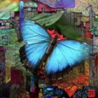 Colorful mosaic background with large blue butterfly and floral patterns
