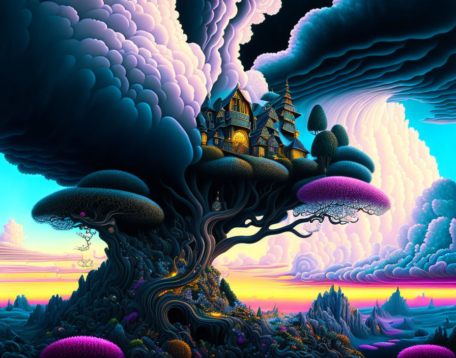 Victorian house on tree with vibrant clouds and mushroom-like trees