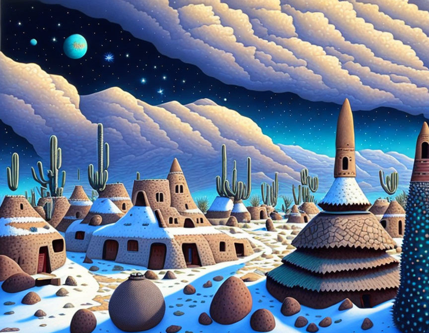 Whimsical desert village with adobe houses and cacti under starry night sky
