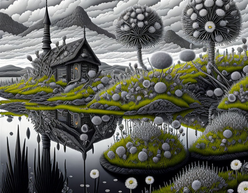 Monochrome landscape with traditional cottage, reflective lake, stylized flora, and billowing clouds