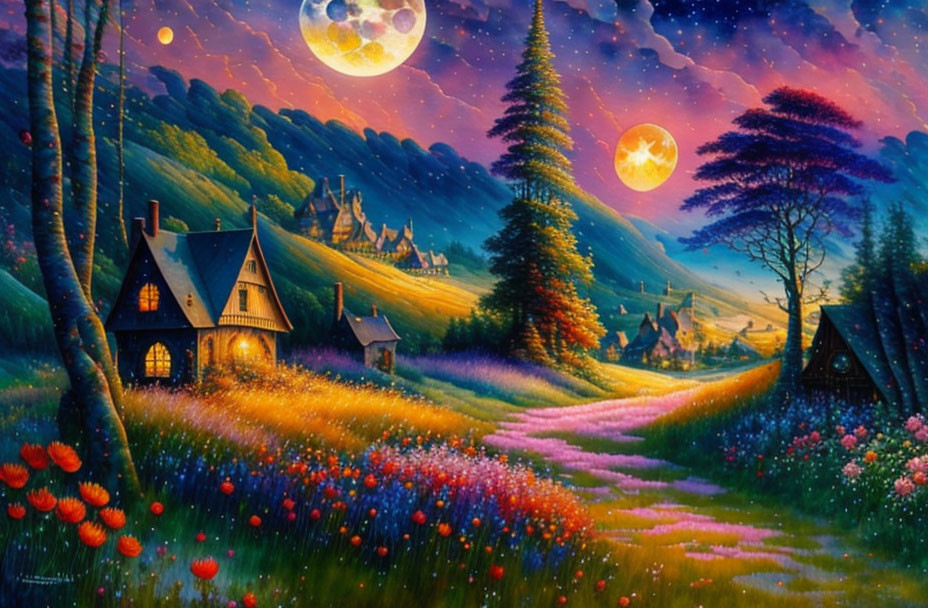 Fantasy landscape painting: starry sky, two moons, flowery path, cozy cottages,