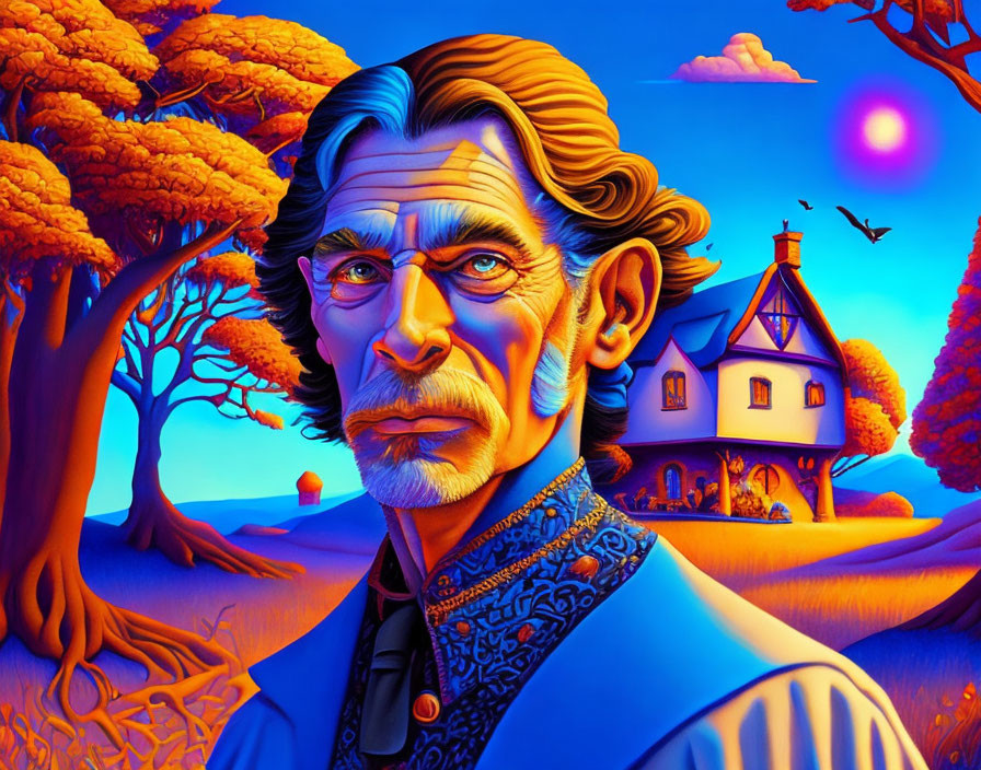 Colorful Artwork of Stylized Older Man in Fantasy Landscape