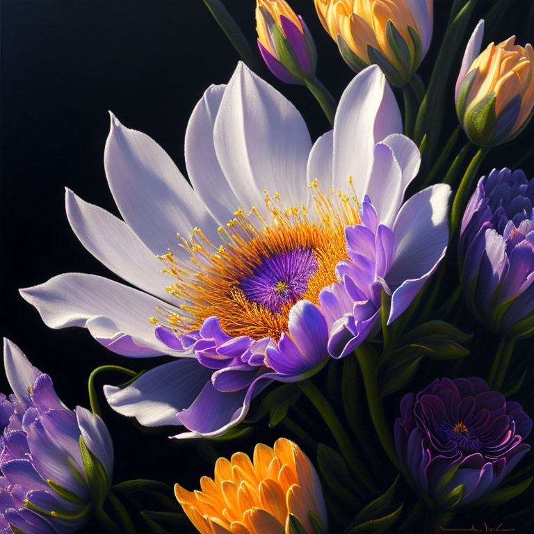 Colorful floral painting with white, purple, and yellow flowers on dark backdrop