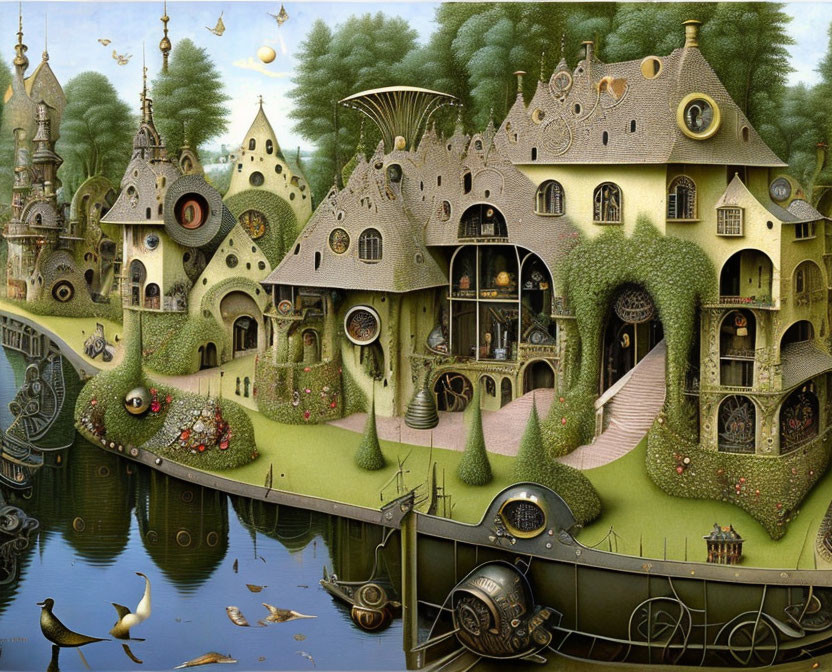 Fantastical village with steampunk and natural elements