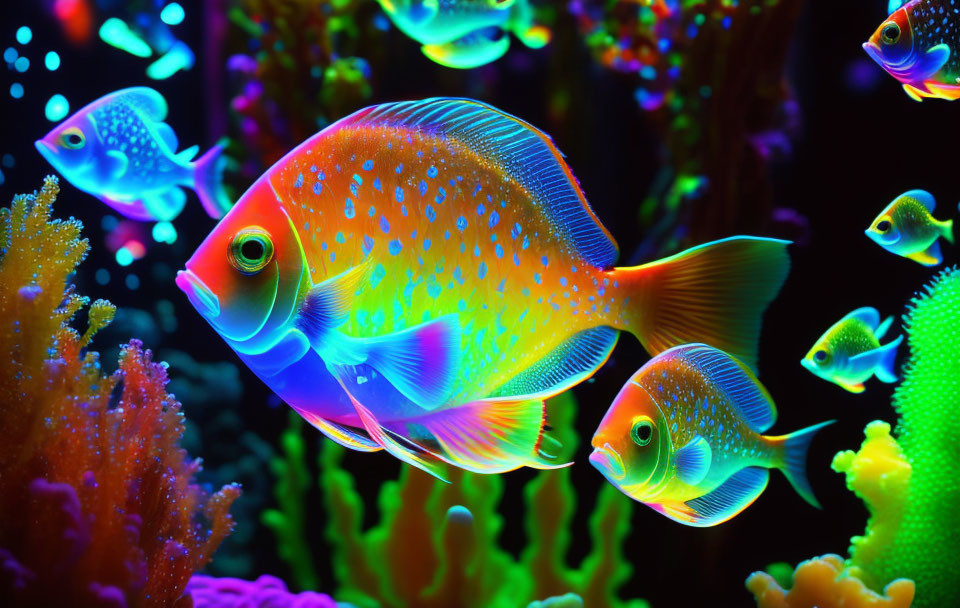 Colorful Tropical Fish and Fluorescent Coral in Underwater Scene