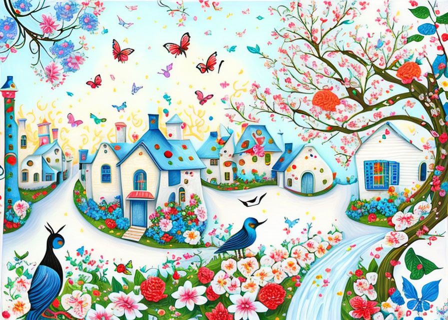 Colorful village illustration with cottages, blooming trees, butterflies, and river.