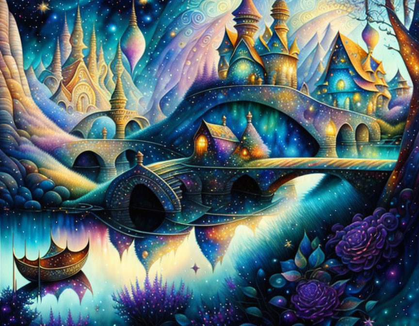 Vibrant surreal landscape of enchanted village with whimsical buildings, river, and starry sky