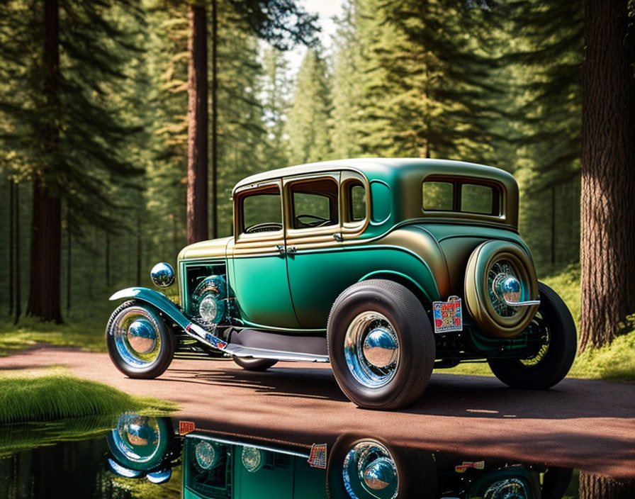 Vintage Green Car Parked on Forest Road with Tree Reflections