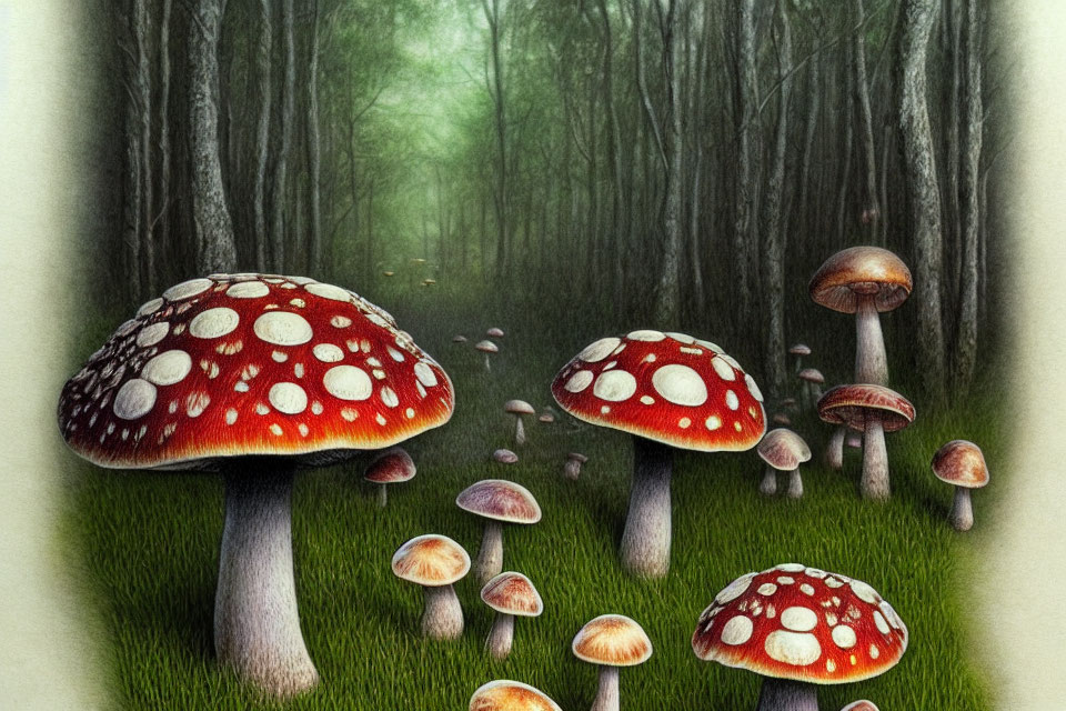 Enchanting forest scene with tall trees and red-capped mushrooms