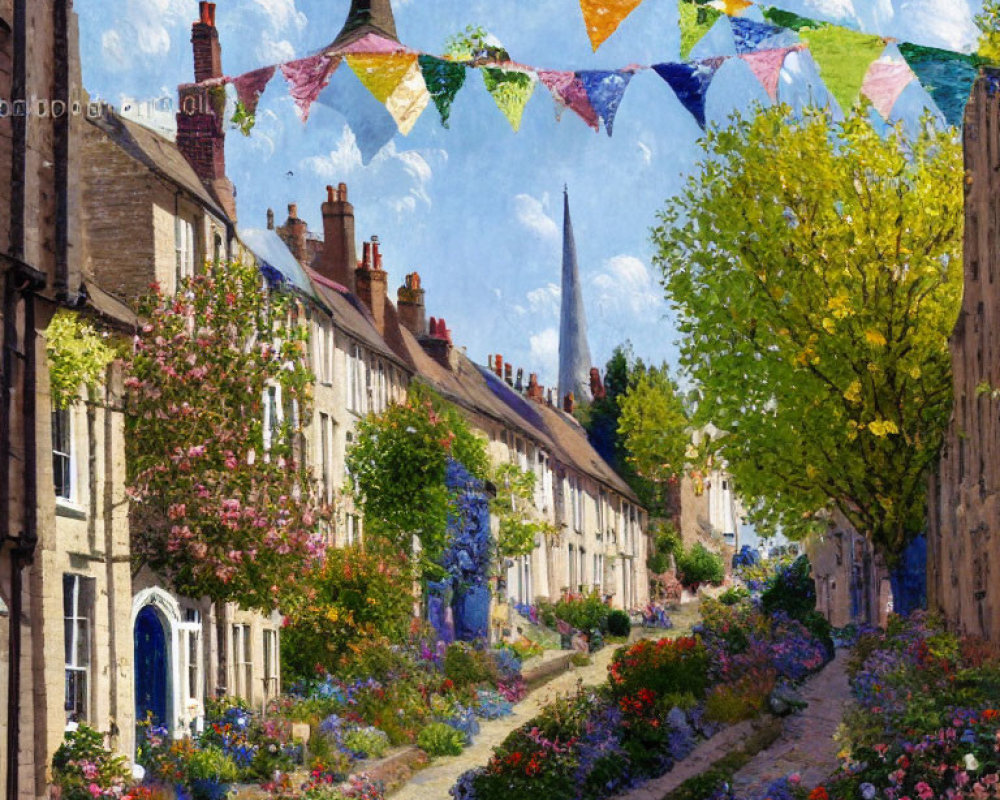 Vibrant painting of quaint street with blossoming trees and historic houses