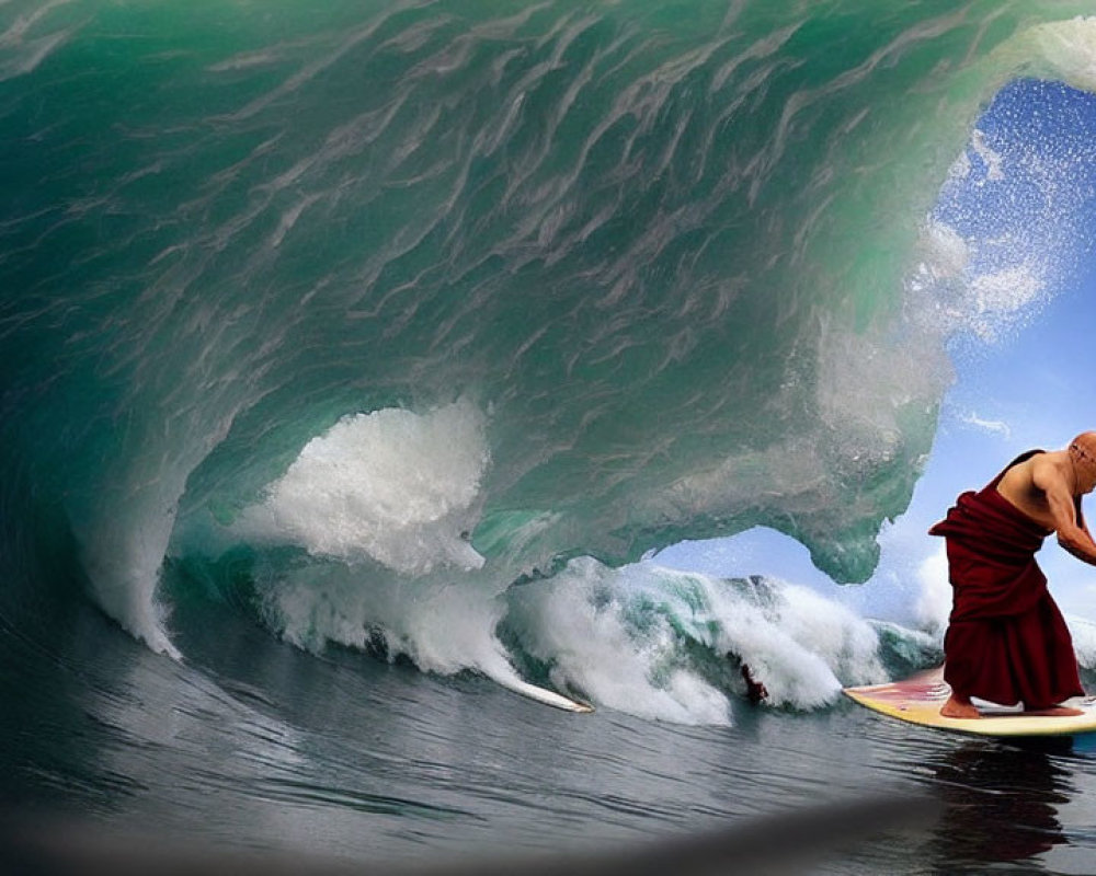 Monk in robes surfing giant wave with handheld device
