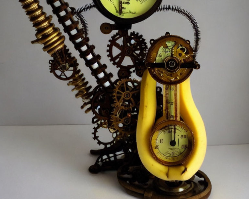 Steampunk-inspired yellow banana sculpture with gears and dials.