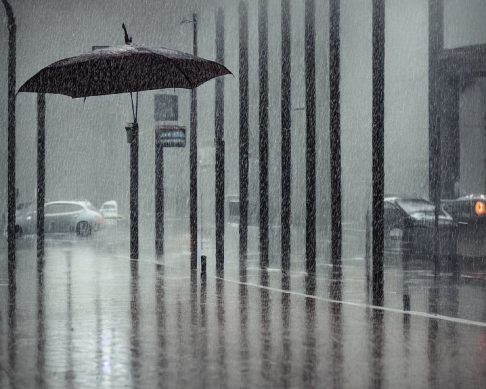 City street scene: person with umbrella, cars, and reflections in heavy rain