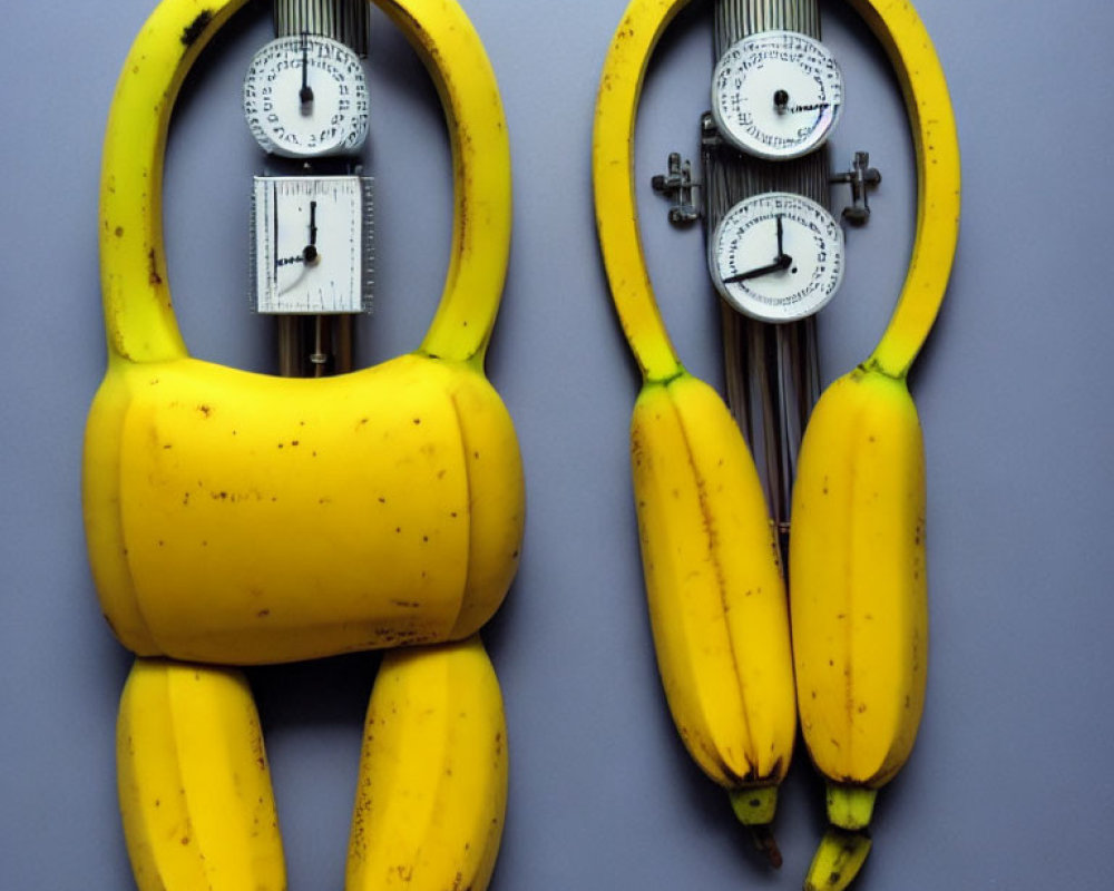 Symmetrical Banana Bunches with Kitchen Timers on Blue Background