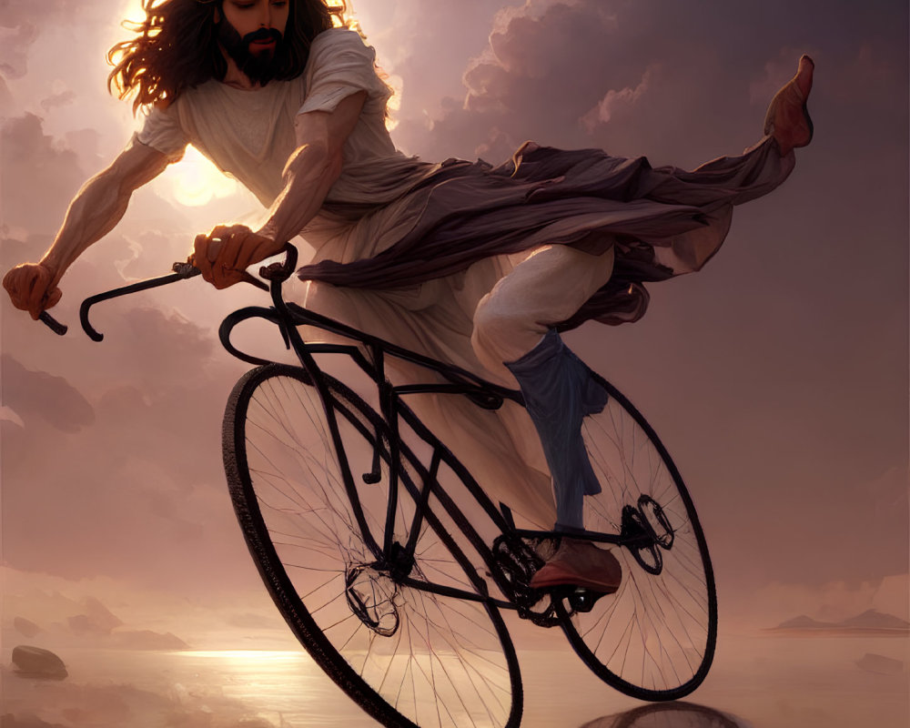 Bearded person on vintage bicycle in dreamy sunset landscape