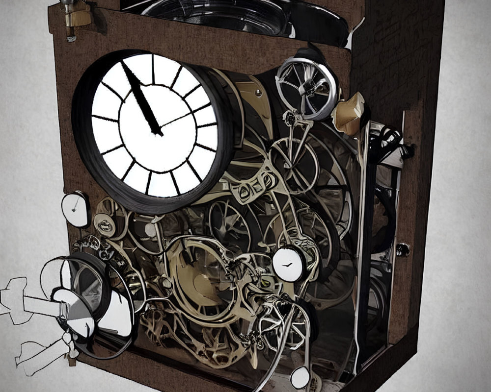 Detailed Cutaway View of Complex Wooden Clock Mechanism