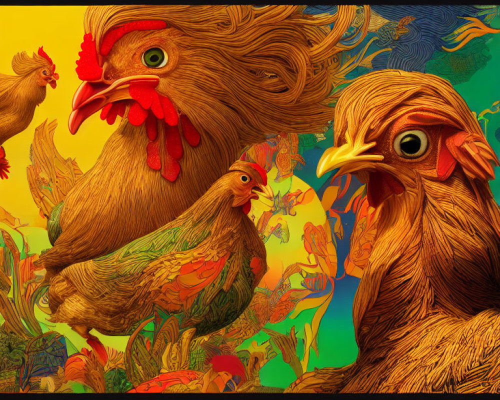Detailed illustration of expressive chickens with intricate feather patterns on a vibrant background
