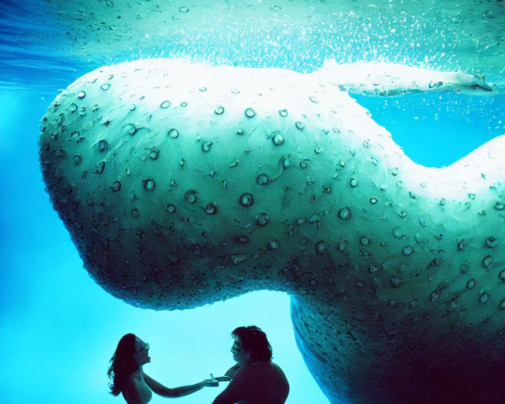 Underwater scene with two people holding hands near a large spotted sea creature