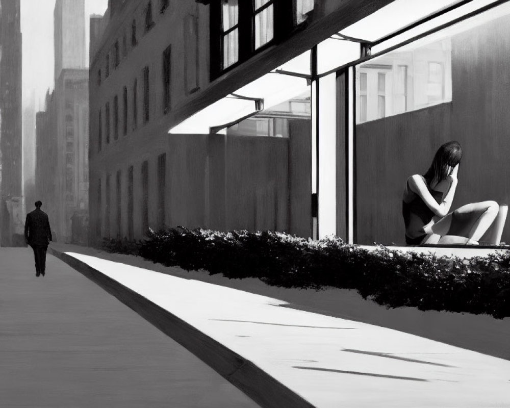 Monochromatic urban scene with tall building, seated figure sculpture, and long shadows