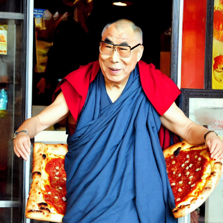 Smiling person in monk robes with two pizza slices outside a restaurant