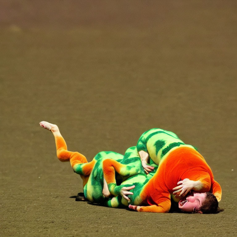 Person in orange shirt and green pants posing dramatically on the ground