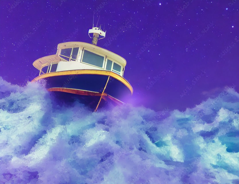 Boat on Waves under Starry Purple Sky