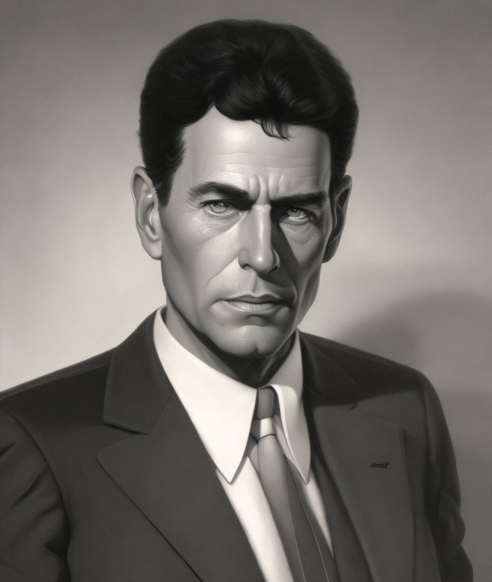 Monochrome portrait of stern man in suit with dark hair