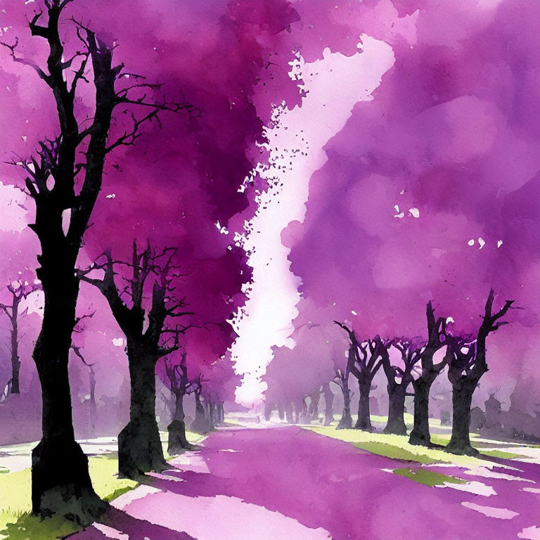 Colorful Watercolor Painting of Tree-Lined Pathway