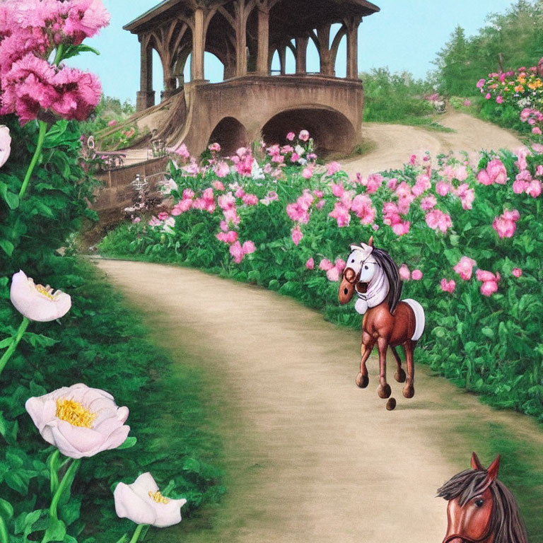 Illustration of Vibrant Garden Path with Pink Flowers and Stylized Horses