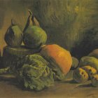 Classic still life painting with ripe mangoes, fig, vases, and yellow flowers