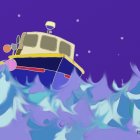 Boat on Waves under Starry Purple Sky