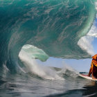 Monk in robes surfing giant wave with handheld device